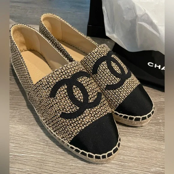 NWT CHANEL Espadrilles Gold Beige Black Sz 36